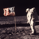 Buzz Aldrin posing with the U.S. flag on the lunar surface on July 20, 1969, as part of the Apollo 11 mission.
